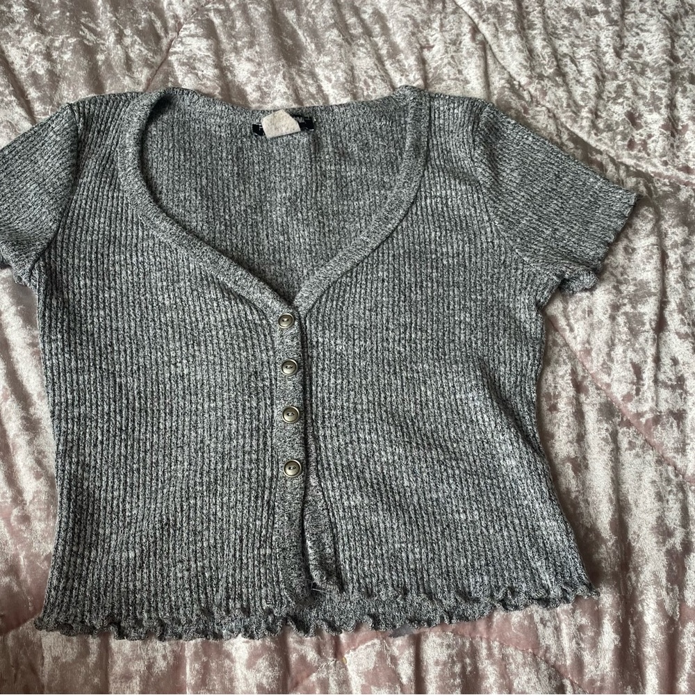 Gray Ribbed Button-Up Cardigan